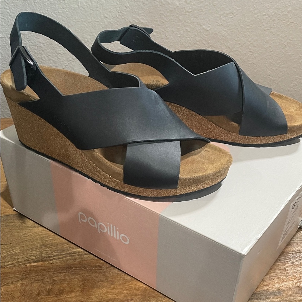 Papillio Samira Black Crisscross Cork Wedge Sandals